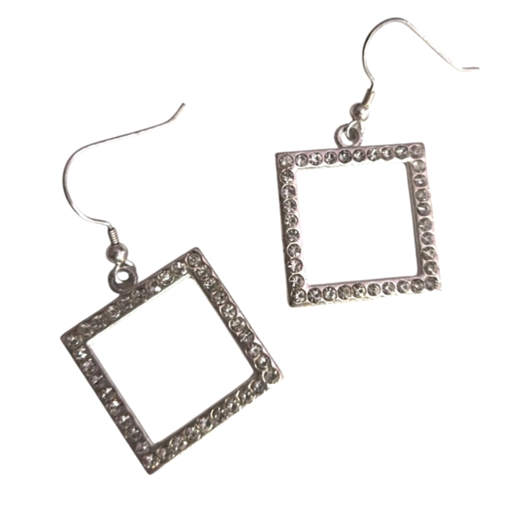 Silver Toned Geometric Square Earrings With‎ Rhinestones